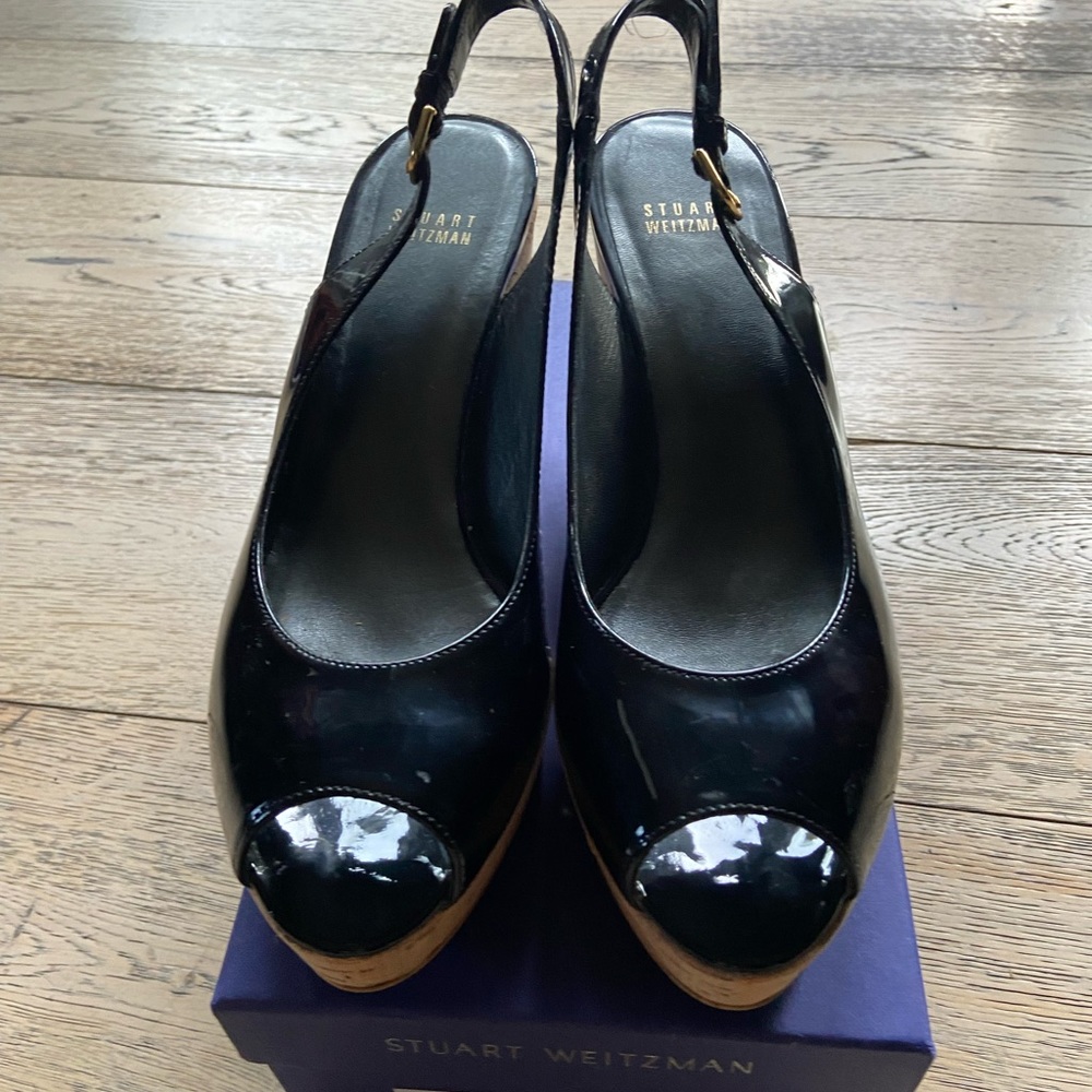 Stuart Weizman, black, patent leather wedge heels.